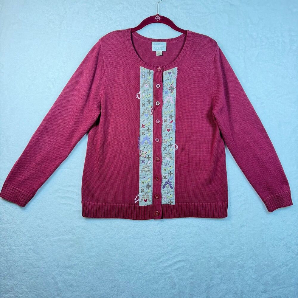 Vintage 2005 Christopher & Banks Cardigan L Maroon Floral Embroidered Cotton